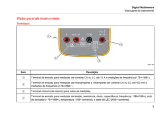 Digital Multimeters
Visão geral do instrumento
5
Visão geral do instrumento
Terminais
1
2
3
4
hpq01.eps
Item Descrição
 Terminal de entrada para medições de corrente CA ou CC até 10 A e medições de frequência (17B+/18B+).

Terminal de entrada para medições de microampères e miliampères de corrente CA ou CC até 400 mA e
medições de frequência (17B+/18B+).
 Terminal comum (de retorno) para todas as medições.

Terminal de entrada para medições de tensão, resistência, diodo, capacitância, frequência (17B+/18B+), ciclo
de atividade (17B+/18B+), temperatura (17B+ somente), e teste de LED (18B+ somente).
 