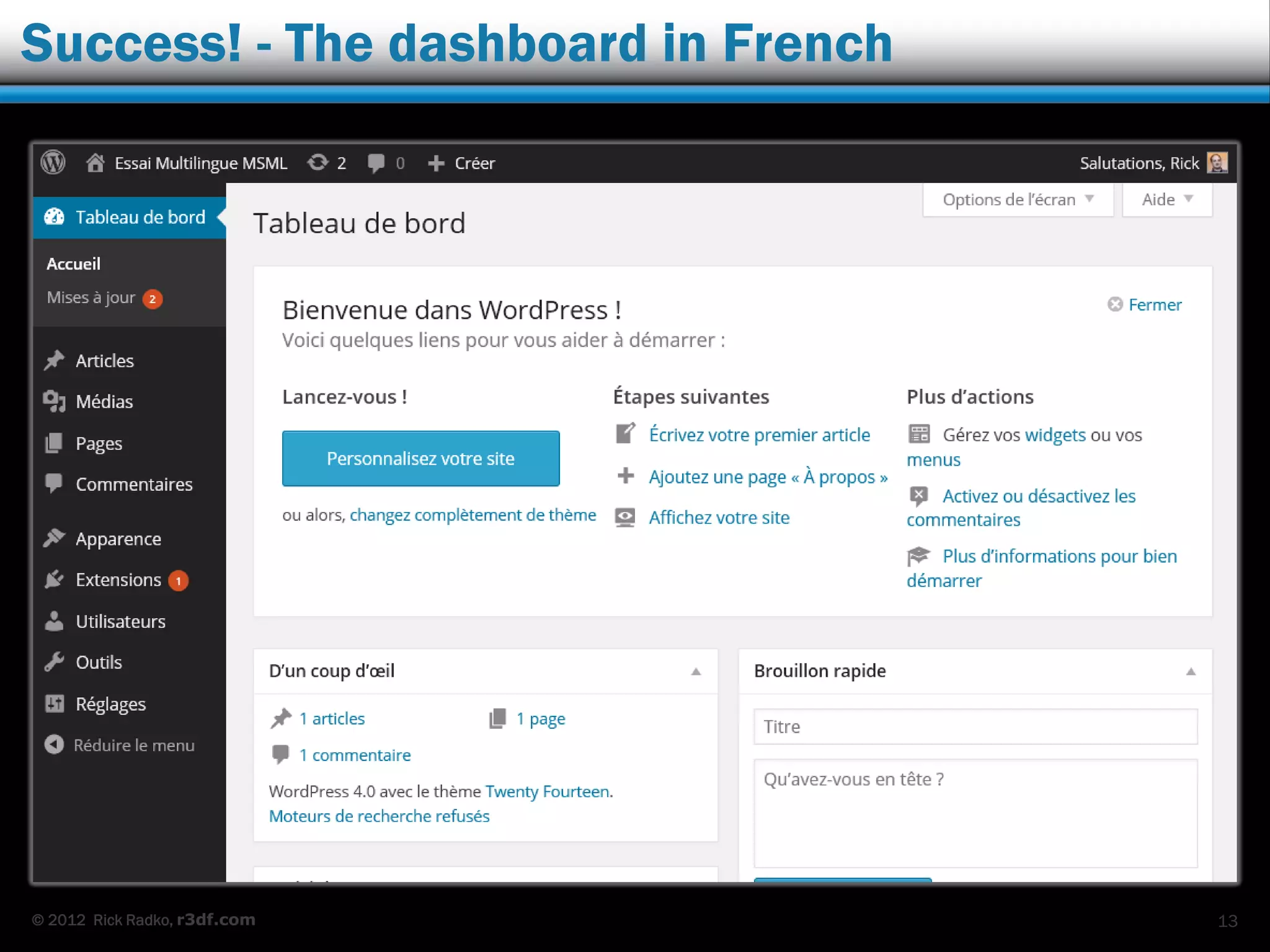 © 2012 Rick Radko, r3df.com
Success! - The dashboard in French
13
 