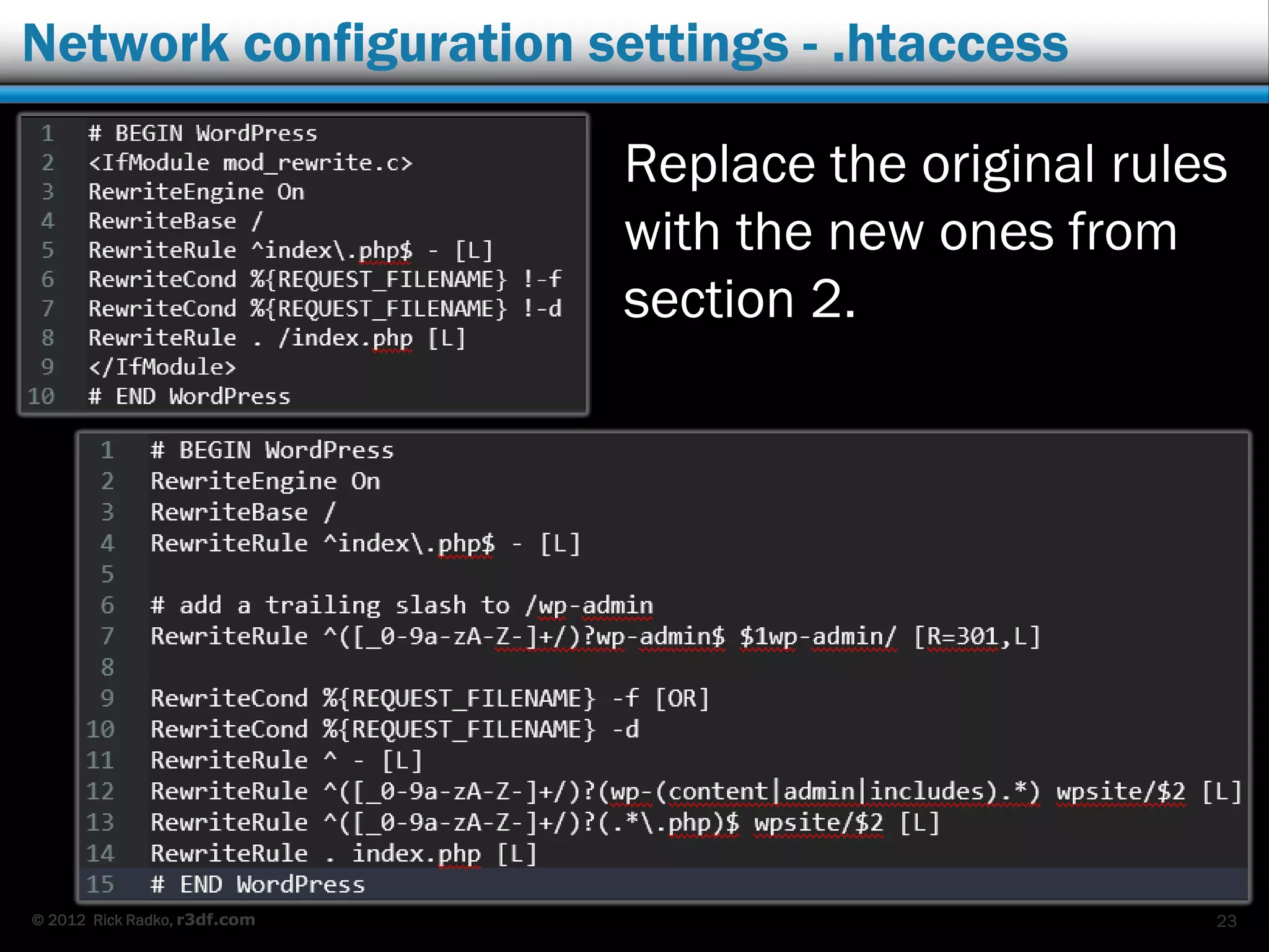© 2012 Rick Radko, r3df.com
Network configuration settings - .htaccess
Replace the original rules
with the new ones from
section 2.
23
 