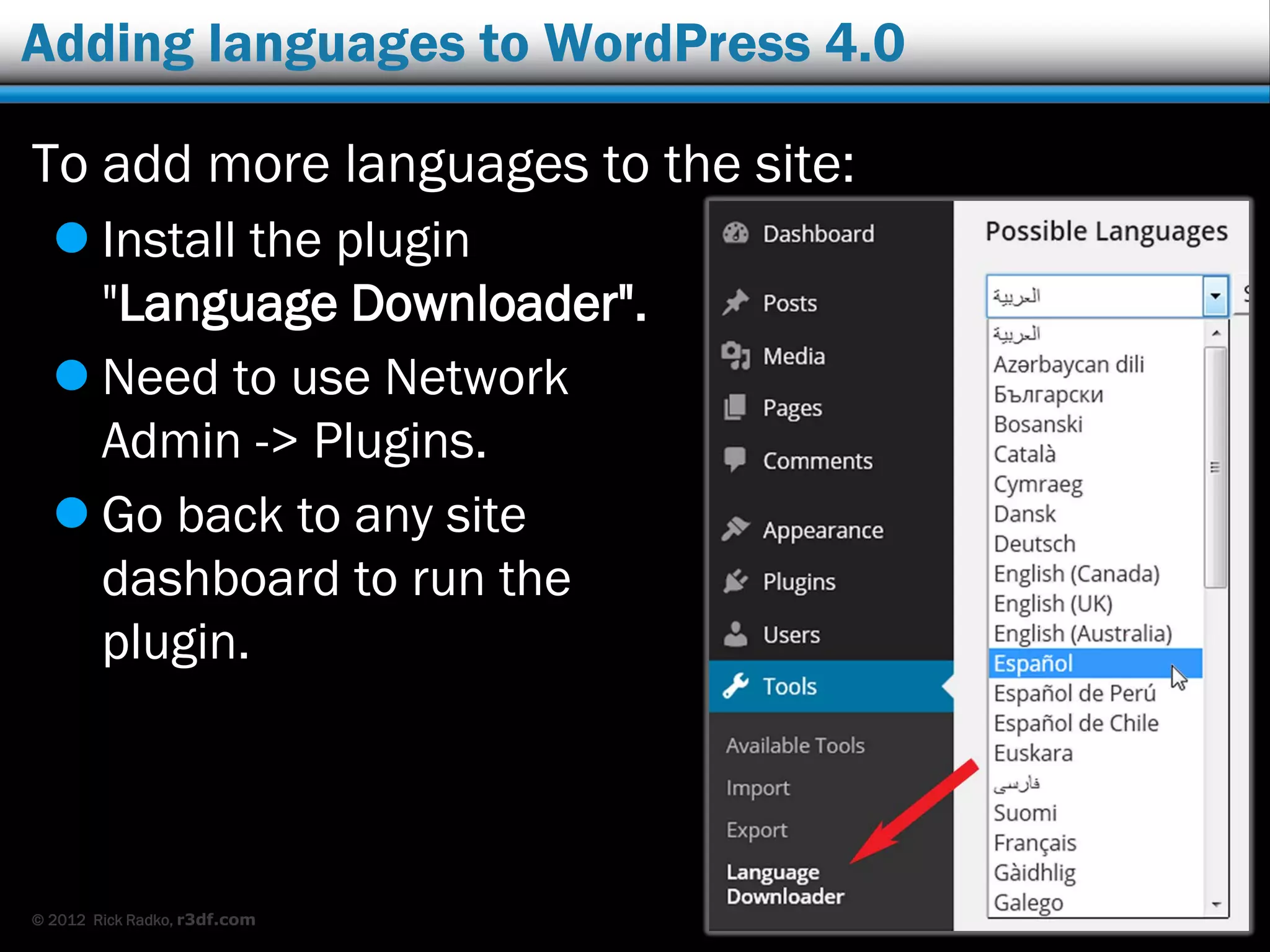 © 2012 Rick Radko, r3df.com
Language setting in multisite
If all went well, the new language is loaded.
Select Spanish on the main site.
38
 