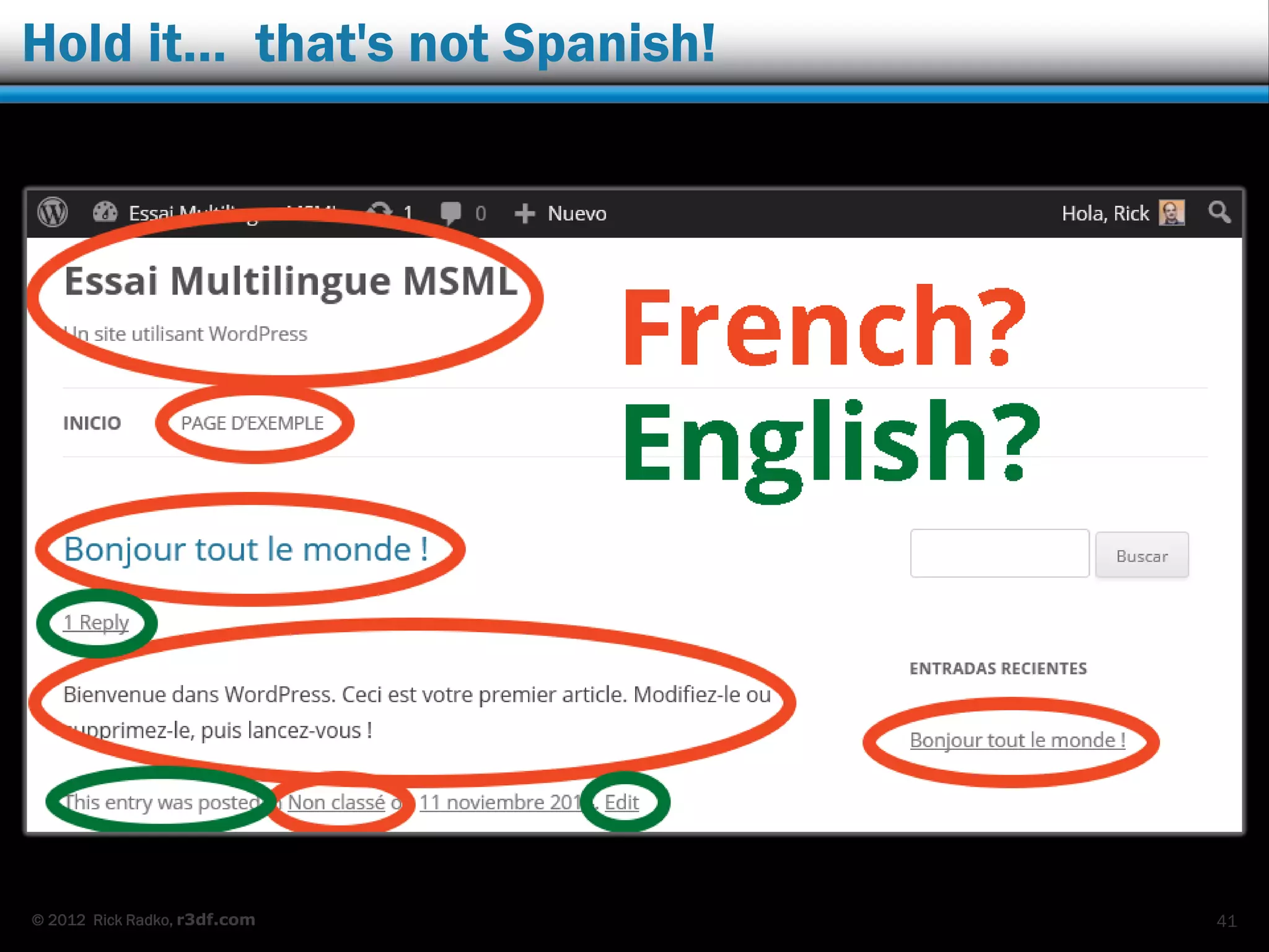 © 2012 Rick Radko, r3df.com
Add language files for themes & plugins
Under Network Admin -> Updates:
 Update translations.
 You need to do
this with the main
site set to the
language needing
updates.
41
 