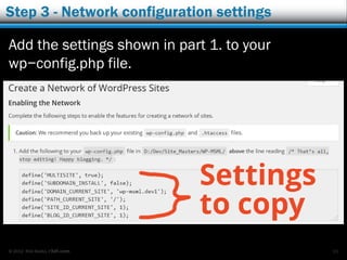 © 2012 Rick Radko, r3df.com
Step 3 - Network configuration settings
Add the settings shown in part 1. to your
wp−config.php file.
20
 