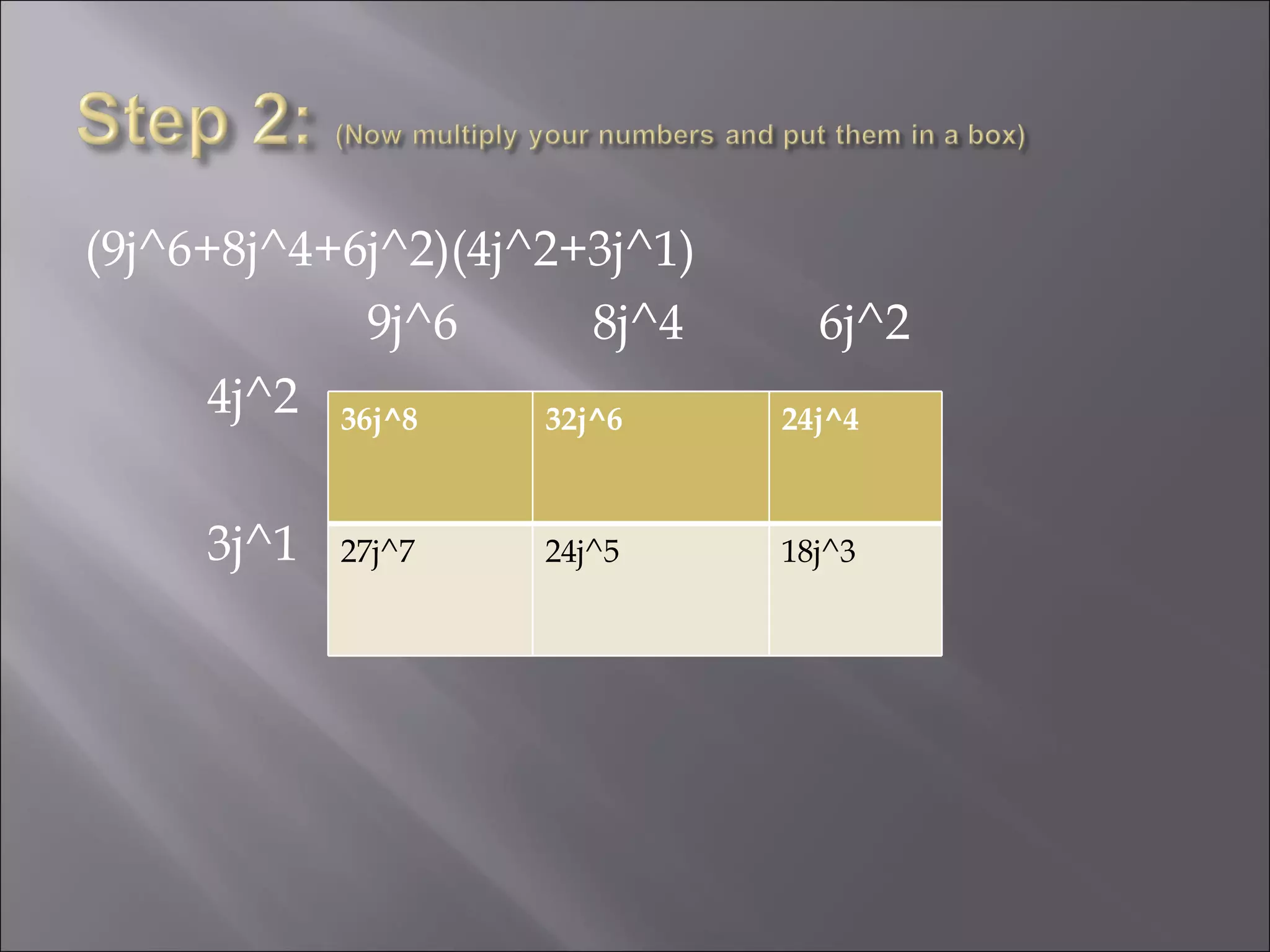 (9j^6+8j^4+6j^2)(4j^2+3j^1) 9j^6  8j^4  6j^2 4j^2 3j^1 36j^8 32j^6 24j^4 27j^7 24j^5 18j^3 