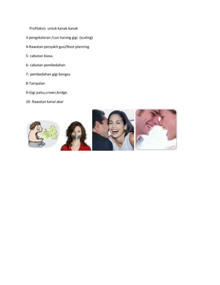 Dapatkan gigi yang lebih kuat menentang pembentukan karies dengan Rawatan Fluoride Topical (RM60) discount 30% bagi 50orang terawal sahaja.KETAHUI RAHSIA MULUT BERBAU……<br />Adakah anda mempunyai masalah bau mulut  yang teruk? Malu berbual dengan pasangan atau rakan sekeliling? Baca selanjutnya untuk mengetahui cara rawatan yang mudah .<br />Tahukah anda bau mulut (halitosis) biasanya berpunca daripada masalah kesihatan mulut?Dua masalah yang biasa adalah penyakit gusi(gingivitis) dan gigi berlubang(karies).<br />Kedua-dua masalah ini boleh merebak menjadi keadaan yang lebih teruk jika tidak mendapatkan rawatan di peringkat awal.<br />2.Apakah punca utama masalah-masalah ini dan bagaimanakah cara untuk mengenal pasti masalah tersebut?<br />Punca utama masalah mulut adalah plak.Namun ramai yang tidak menyedari kehadiran plak di dalam mulut kerana tidak tahu cara mengenalpasti bagaimana rupakah plak twersebut.  Dapatkan pemeriksaan menyeluruh kesihatan mulut di klinik pergigian. Doktor pergigian anda akan melakukan pemeriksaan menyeluruh dan menilai kesihatan mulut anda serta akan member  rundingan kesihatan yang sepatutnya.<br />3.Apakah manfaat rawatan ini kepada anda?<br />Rawatan akan dibuat berdasarkan permasalahan yang menyebabkan bau mulut anda. Mulut anda akan lebih sihat dan pastinya anda mampu tersenyum  lebar serta selesa  berbual dengan orang sekeliling anda.<br />4.Berapakah kos rawatan yang dijalankan?<br />Kos rawatan bergantung kepada keterukan masalah mulut yang anda alami. Klinik kami mematuhi <br />Fi Pergigian yang termaktub di dalam AKTA KEMUDAHAN DAN PERKHIDMATAN SWASTA 1998 , PERATURAN-PERATURAN KEMUDAHAN DAN PERKHIDMATAN JAGAAN KESIHATAN SWASTA (KLINIK PERUBATAN SWASTA ATAU KLINIK PERGIGIAN SWASTA) 2006<br />Anda berhak  untuk mengetahui anggaran kos rawatan yang akan di jalankan.<br />6. Apakah kelebihan yang anda perolehi sekiranya anda bertindak daripada sekarang?<br />Anda akan dapat mengenalpasti apa punca sebenar masalah bau mulut anda dan dapat merawat segala<br />Penyakit dari peringkat awal. Selain itu anda juga dapat mempelajari bagaimana untuk  mengambil langkah pencegahan untuk memastikan masalah tidak berulang. Seterusnya anda dapat meningkatkan <br />Tahap kesedaran terhadap kesihatan mulut anda ke tahap optimum. Dan sebagai bonus, senyuman dan perbualan anda lebih menyakinkan.<br />Jadi….<br />Kunjungilah klinik kami untuk mendapatkan pemeriksaan serta rundingan secara <br />PERCUMA  sempena  promosi  pembukaan  sehingga  Disember 2010.<br />Lokasi kami:<br />KLINIK PERGIGIAN AISY<br />2259K Bangunan SEDC Pasar Manir,<br />21200 Kuala Terengganu,<br />Tel:096153944/0179514266<br />Waktu operasi :sabtu –khamis 9.00am-10.00pm<br />                            Jumaat 8.00pm-10.00pm<br />Sila telefon untuk temujanji bagi memudahkan urusan anda.<br />Perkhidmatan lain yang disediakan:<br />1-Tunjuk ajar kebersihan mulut.<br />2-Terapi  Fluoride Topikal untuk individu yang berisiko tinggi mendapat penyakit mulut seperti caries.<br />    Profilaksis  untuk kanak-kanak<br />3-pengskaleran /cuci karang gigi. (scaling)<br />4-Rawatan penyakit gusi/Root planning<br />5- cabutan biasa.<br />6- cabutan pembedahan<br />7- pembedahan gigi bongsu<br />8-Tampalan<br />9-Gigi palsu,crown,bridge.<br />10- Rawatan kanal akar <br />