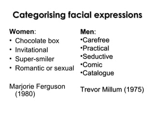 Categorising facial expressionsCategorising facial expressions
Women:
• Chocolate box
• Invitational
• Super-smiler
• Romantic or sexual
Marjorie Ferguson
(1980)
MenMen::
•CarefreeCarefree
•PracticalPractical
•SeductiveSeductive
•ComicComic
•CatalogueCatalogue
Trevor Millum (1975)Trevor Millum (1975)
 