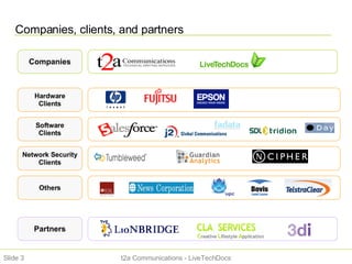 t2a Communications - LiveTechDocs Slide  Companies, clients, and partners Companies Partners Hardware Clients Software Clients Network Security Clients Others 