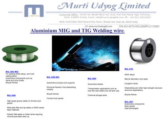 Aluminium MIG and TIG Welding wire: 
MUL 4047 
Automotive components 
Body panels 
Heat exchangers 
MUL 4043 MIG 
For welding 6XXX alloys, and most 
casting alloys 
Automotive components such as 
frame and drive shafts 
Bicycle frames 
MUL 5554 
Automotive wheels 
Transportation applications such as 
over-the-road trailers and rail tank cars 
Chemical storage tanks 
MUL 5183 
5XXX alloys 
Marine fabrication and repair 
Cryogenic tanks 
Shipbuilding and other high strength structural 
aluminum applications 
MUL 5356 Bicycle frames 
High speed groove welds on formed truck 
panels 
Multi-pass fillet and lap welds on 6XXX series 
base materials 
Robotic fillet welds on trailer tanks requiring 
minimal post-weld clean up 
MUL 5356 MIG 
Automotive bumpers and supports 
Structural frames in the shipbuilding 
industry 
Bicycle frames 
Formed truck panels 
