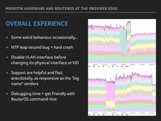 MIKROTIK HARDWARE AND ROUTEROS AT THE PROVIDER EDGE
OVERALL EXPERIENCE
▸ Some weird behaviour occasionally…
▸ NTP leap second bug = hard crash
▸ Disable VLAN interface before
changing its physical interface orVID
▸ Support are helpful and fast;
anecdotally, as responsive as the "big
name" vendors
▸ Debugging time = get friendly with
RouterOS command-line
 