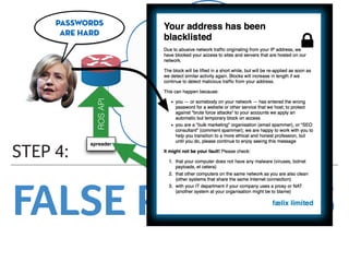 FALSE POSITIVES
STEP 4:
WWW
Cat GIF Blog
apache
logs
fail2banslurry
spreader
AMQP
passwords
are hard
Edge Router
ROSAPI
 
