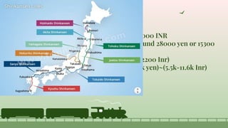 ● Cost estimation
● Tokyo to kyoto (446 KM) costs around 11000 INR
● Fukuoka to Tokyo Station (1060 KM) around 28000 yen or 15300
INR
● Avg fare is 24-30 yen per km (16.49 Inr/12200 Inr)
● Tokyo to aomori (700 KM)= fare (10k-21k yen)~(5.5k-11.6k Inr)
Cost 400 billion yen = 2.64 billion usd
bullet train fare calculator
Financing of individual
 