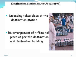 Tiffin Box Suppliers AssociationOrganizational structureThe CodeOperationsWar Against time  05-03-20117Executive Committee(5 Members)Team of 20-25 headed by group leaderIndividual dabbawalla workload:Collect from home -35 Tiffins Delivery at Office -35 TiffinsReturn empty tiffins to home