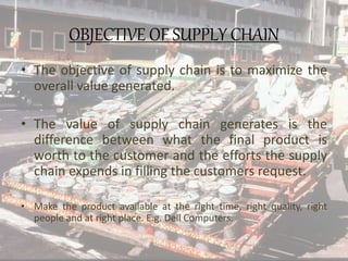 OBJECTIVE OF SUPPLY CHAIN
• The objective of supply chain is to maximize the
overall value generated.
• The value of supply chain generates is the
difference between what the final product is
worth to the customer and the efforts the supply
chain expends in filling the customers request.
• Make the product available at the right time, right quality, right
people and at right place. E.g. Dell Computers.
4
 