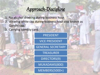 Approach-Discipline
1. No alcohol drinking during business hour
2. Wearing white cap during business hour also known as
Gandhi cap.
3. Carrying identity card.
PRESIDENT
VICE PRESIDENT
GENERAL SECRETARY
TREASURER
DIRECTORS(9)
MUKADAMS(800)
MEMBERS(5000+) 9
 