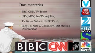 Documentaries 
•BBC, CNN, TV Tokyo 
•UTV, MTV, Zee TV, AajTak, 
•TV Today, Sahara, CNBC TV 18, 
•Sony TV, NDTV, Channel 7 , DD Metro & Doordarshan  