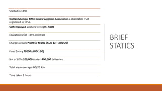 BRIEF
STATICS
Started in 1890
Nuttan Mumbai Tiffin boxes Suppliers Association a charitable trust
registered in 1956.
Self Employed workers strength -5000
Education level – 85% illiterate
Charges around ₹600 to ₹1000 (AUD 12 – AUD 20)
Fixed Salary ₹8000 (AUD 160)
No. of tiffin 200,000 makes 400,000 deliveries
Total area coverage- 60/70 Km
Time taken 3 hours
 