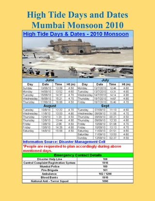 High Tide Days and Dates
 Mumbai Monsoon 2010
 
