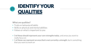 IDENTIFY YOUR
QUALITIES
What are qualities?
◉ Traits or behavioral habits
◉ Skills or physical and mental abilities
◉ Values or what is important to you
◉ 3 of these should represent your core strengths today, and areas you want to
really focus on
◉ 1 of these can represent an area that is not currently a strength, but is something
that you want to work on
 