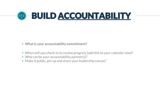 ◉ What is your accountability commitment?
◉ When will you check-in to review progress (add this to your calendar now)?
◉ Who can be your accountability partner(s)?
◉ Make it public, pin-up and share your leadership canvas?
BUILD ACCOUNTABILITY
 
