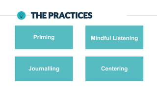 THE PRACTICES
Priming
Journalling
Mindful Listening
Centering
 