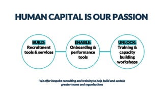 HUMAN CAPITAL IS OUR PASSION
BUILD:
Recruitment
tools & services
UNLOCK:
Training &
capacity
building
workshops
ENABLE:
Onboarding &
performance
tools
We offer bespoke consulting and training to help build and sustain
greater teams and organisations
 