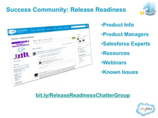 Success Community: Release Readiness
•Product Info
•Product Managers

•Salesforce Experts
•Resources
•Webinars

•Known Issues

bit.ly/ReleaseReadinessChatterGroup

 