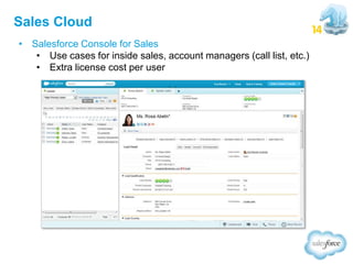 Sales Cloud
• Salesforce Console for Sales
• Use cases for inside sales, account managers (call list, etc.)
• Extra license cost per user

 