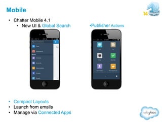 Mobile
• Chatter Mobile 4.1
• New UI & Global Search

• Compact Layouts
• Launch from emails
• Manage via Connected Apps

•Publisher Actions

 