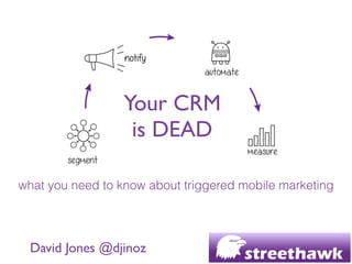 Your CRM	

is DEAD	

David Jones @djinoz
what you need to know about triggered mobile marketing
 