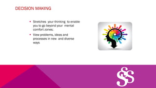 DECISION MAKING
§ Stretches your thinking to enable
you to go beyond your mental
comfort zones;
§ View problems, ideas and
processes in new and diverse
ways
 