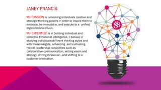 JANEY FRANCIS
My PASSION is unlocking individuals creative and
strategic thinking powers in order to inspire them to
embrace, be invested in, and execute to a unified
organizational vision.
My EXPERTISE is in building individual and
collective Emotional Intelligence. I believe in
studying individuals different thinking styles and
with these insights, enhancing and cultivating
critical leadership capabilities such as
collaborative communication, setting vision and
strategy, driving innovation ,and shifting to a
customer orientation.
 