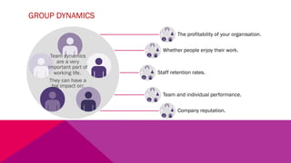GROUP DYNAMICS
Team dynamics
are a very
important part of
working life.
They can have a
big impact on:
The profitability of your organisation.
Whether people enjoy their work.
Staff retention rates.
Team and individual performance.
Company reputation.
 