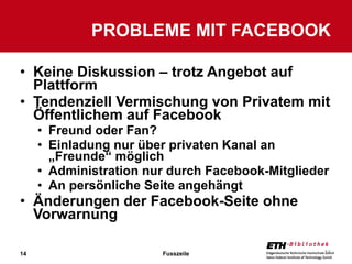 Keine Diskussion – trotz Angebot auf Plattform Tendenziell Vermischung von Privatem mit Öffentlichem auf Facebook Freund oder Fan? Einladung nur über privaten Kanal an „Freunde“ möglich Administration nur durch Facebook-Mitglieder An persönliche Seite angehängt Änderungen der Facebook-Seite ohne Vorwarnung PROBLEME MIT FACEBOOK Fusszeile 