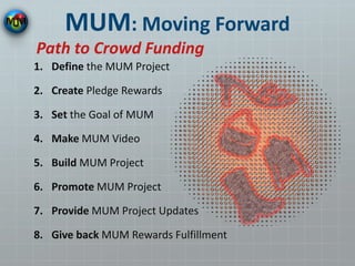 MUM: Moving Forward
1. Define the MUM Project
2. Create Pledge Rewards
3. Set the Goal of MUM
4. Make MUM Video
5. Build MUM Project
6. Promote MUM Project
7. Provide MUM Project Updates
8. Give back MUM Rewards Fulfillment
Path to Crowd Funding
 