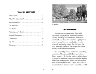 4
3
Table of Contents
Introduction . . . . . . . . . . . . . . . . . . . . . . . . . . . . . . . 4
What Are Mummies? . . . . . . . . . . . . . . . . . . . . . . . 5
Mummification . . . . . . . . . . . . . . . . . . . . . . . . . . . . 6
The Afterlife. . . . . . . . . . . . . . . . . . . . . . . . . . . . . . 12
The Burial. . . . . . . . . . . . . . . . . . . . . . . . . . . . . . . . 15
Tutankhamen’s Tomb . . . . . . . . . . . . . . . . . . . . . . 17
Animal Mummies. . . . . . . . . . . . . . . . . . . . . . . . . 19
Conclusion . . . . . . . . . . . . . . . . . . . . . . . . . . . . . . . 20
Try This. . . . . . . . . . . . . . . . . . . . . . . . . . . . . . . . . . 22
Glossary . . . . . . . . . . . . . . . . . . . . . . . . . . . . . . . . . 23
Introduction
In modern countries around the world,
including Egypt, people are often buried in
coffins after they die. Sometimes the body is
cremated, and the ashes are either kept by loved
ones or spread over an area that the person
enjoyed, such as the ocean. But this is not the
way it has always been. The ancient Egyptians
turned their dead into mummies.
The ancient Egyptians are famous for making
mummies. They mummified everyone from
kings to pets by drying the bodies, rubbing them
with spices, and wrapping them in strips of cloth.
However, the Egyptians are not the only people
that mummified their dead. There is evidence of
mummification in many places around the world.
A cemetery
 