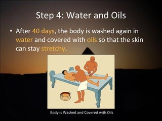 Step 4: Water and Oils After  40 days , the body is washed again in  water  and covered with  oils  so that the skin can stay  stretchy . Body is Washed and Covered with Oils 