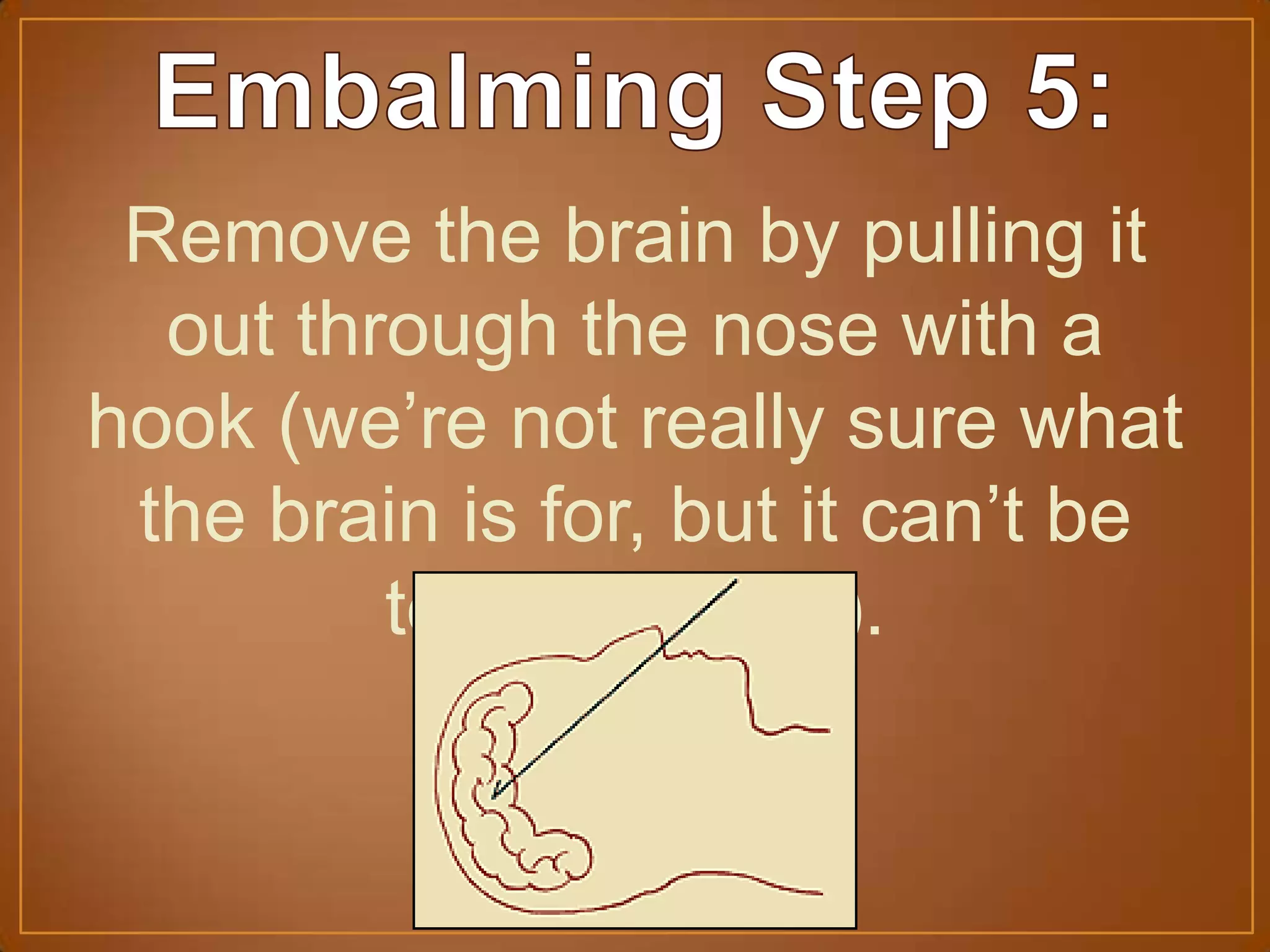 Remove the brain by pulling it
out through the nose with a
hook (we’re not really sure what
the brain is for, but it can’t be
too important).
 