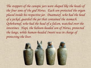 The stoppers of the canopic jars were shaped like the heads of the four sons of the god Horus.  Each son protected the organ placed inside his respective jar.  Duamutef, who had the head of a jackal, guarded the jar that contained the stomach.  Qebehsenuf, who had the head of a falcon, watched over the intestines.  Hapi, the baboon-headed son of Horus, protected the lungs, while human-headed Imseti was in charge of protecting the liver. 