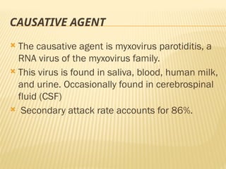 CAUSATIVE AGENT
 The causative agent is myxovirus parotiditis, a
RNA virus of the myxovirus family.
 This virus is found in saliva, blood, human milk,
and urine. Occasionally found in cerebrospinal
fluid (CSF)
 Secondary attack rate accounts for 86%.
 