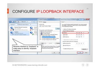 24

CONFIGURE IP LOOPBACK INTERFACE

Rename interface to “loopback” to
make easy to identify loopback
interface

ID-NETWOR...