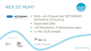 WER IST MUM?

           MUM = ein Produkt der NETCONOMY
            Software & Consulting
           Gegründet 2000
           > 40 Mitarbeiter, 2 Niederlassungen
           > 4 mio. EUR Umsatz
 