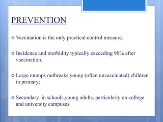PREVENTION
 Vaccination is the only practical control measure.
 Incidence and morbidity typically exceeding 90% after
vaccination.
 Large mumps outbreaks,young (often unvaccinated) children
in primary;
 Secondary in schools,young adults, particularly on college
and university campuses.
 