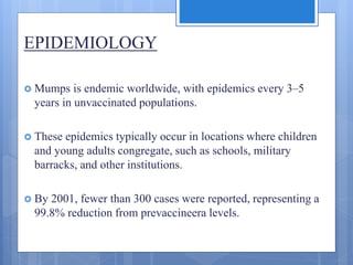 EPIDEMIOLOGY
 Mumps is endemic worldwide, with epidemics every 3–5
years in unvaccinated populations.
 These epidemics typically occur in locations where children
and young adults congregate, such as schools, military
barracks, and other institutions.
 By 2001, fewer than 300 cases were reported, representing a
99.8% reduction from prevaccineera levels.
 