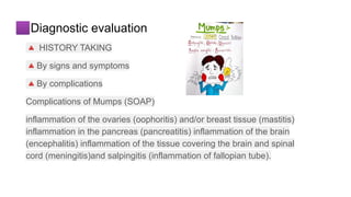 🟪Diagnostic evaluation
🔺 HISTORY TAKING
🔺By signs and symptoms
🔺By complications
Complications of Mumps (SOAP)
inflammation of the ovaries (oophoritis) and/or breast tissue (mastitis)
inflammation in the pancreas (pancreatitis) inflammation of the brain
(encephalitis) inflammation of the tissue covering the brain and spinal
cord (meningitis)and salpingitis (inflammation of fallopian tube).
 