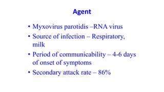 Agent
• Myxovirus parotidis –RNA virus
• Source of infection – Respiratory,
milk
• Period of communicability – 4-6 days
of onset of symptoms
• Secondary attack rate – 86%
 