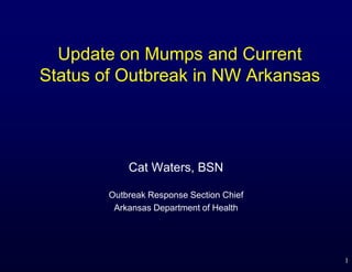 Update on Mumps and Current
Status of Outbreak in NW Arkansas
Cat Waters, BSN
Outbreak Response Section Chief
Arkansas Department of Health
1
 