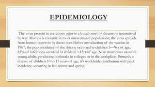 EPIDEMIOLOGY
The virus present in secretions prior to clinical onset of disease, is transtnitted
by way. Mumps is endemic in most unvaccinated populations; the virus spreads
from human reservoir by direct cont.Before introduction of the vaccine in
1967, the peak incidence of the disease occurred in children 5—9yr of age;
85% of infections occurred in children <15yr of age. Now most cases occur in
young adults, producing outbreaks in colleges or in the workplace. Primarily a
disease of children 10 to 15 years of age, it’s worldwide distribution with peak
incidence occurring in late winter and spring.
 