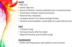 AGENT
• RNA virus
• Family: Togo virus
• Source of infection: majority subclinical cases, minorclinical cases
• Transmission- droplets, vertical transmission
• Portal of entry: respiratory
• Incubation period: 2 to 3 weeks (average 18 days)
• Period of communicability: A week before to a week after the rash
HOST
• 3-10 years of age
• Life long immunity after first attack
• Maternal immunity up to 6 months of age
ENVIRONMENT
• Winter and spring season, with epidemics every 4-9 years
 