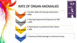 RATE OF ORGAN ANOMALIES
1- 8 WEEKS
• Cardiac defect & hearing impairment
• 80%
9-12 WEEKS
• Hearing impairment & features of CRS
• 50%
13- 16 WEEKS
• Hearing loss is prominent than others
• 30%
>20 WEEKS
• Chances of fetal damage is minimal to none
 