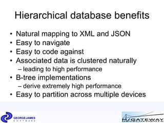 Hierarchical database benefits Natural mapping to XML and JSON Easy to navigate Easy to code against Associated data is clustered naturally leading to high performance B-tree implementations derive extremely high performance Easy to partition across multiple devices 