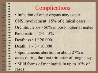 Complications Infection of other organs may occur. CNS involvement :15% of clinical cases Orchitis : 20% - 50% in post- pubertal males Pancreatitis : 2% - 5% Deafness : 1 / 20,000  Death : 1 - 3 / 10,000 Spontaneous abortion in about 27% of cases during the first trimester of pregnancy. Mild forms of meningitis in up to 10% of cases 